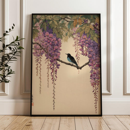 Bird And Wisteria, Traditional Japanese Wall Art Print, Vintage Floral Poster