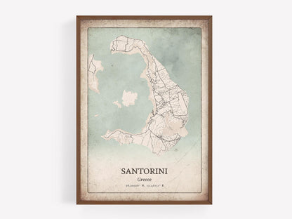 Classic Santorini Map Print, Antique Grunge Wall Art, Santorini Poster, Island Retreat Decor, Greece Art