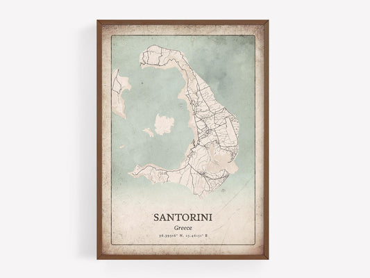 Classic Santorini Map Print, Antique Grunge Wall Art, Santorini Poster, Island Retreat Decor, Greece Art