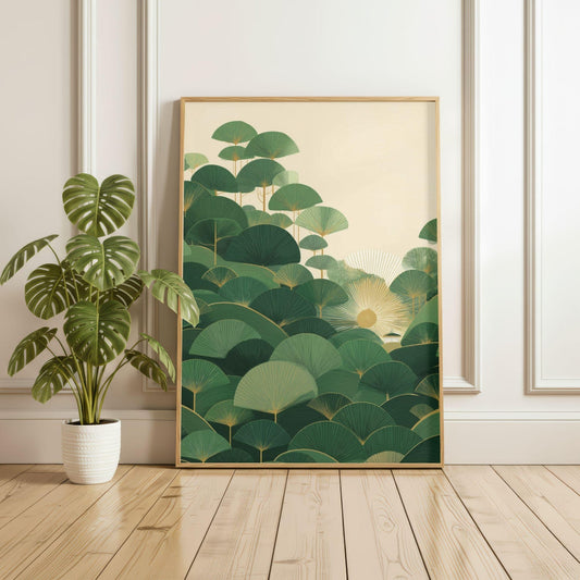 Art Deco Forest Landscape Poster, Japanese Inspired Green Botanical Wall Art Print, Sunrise Minimalist Nature Decor for Living Room Gift Set