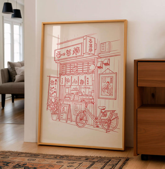 Vintage Ramen Shop Line Art Poster, Japanese Street Food Print