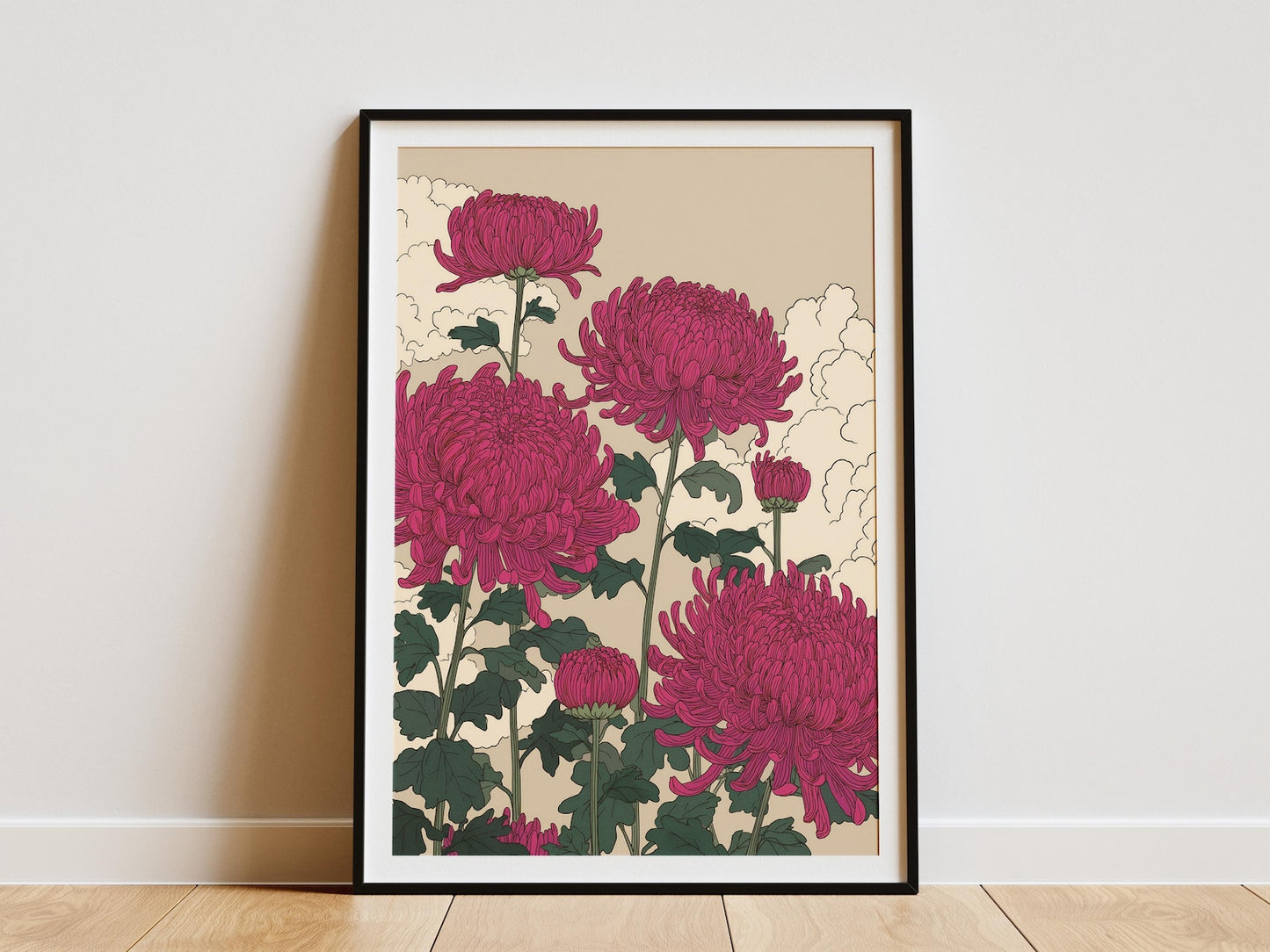Vibrant Pink Chrysanthemum Flower Art Print Japanese Inspired Botanical Wall Decor Elegant Oriental Floral Poster Nature Lover Gift Idea