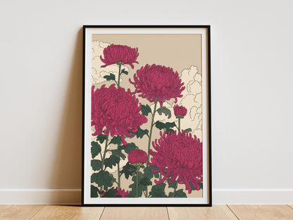 Vibrant Pink Chrysanthemum Flower Art Print Japanese Inspired Botanical Wall Decor Elegant Oriental Floral Poster Nature Lover Gift Idea