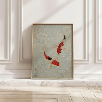 Red and Cream Koi in Water Japanese Art Print Minimalist Wabi Sabi Inspired Poster