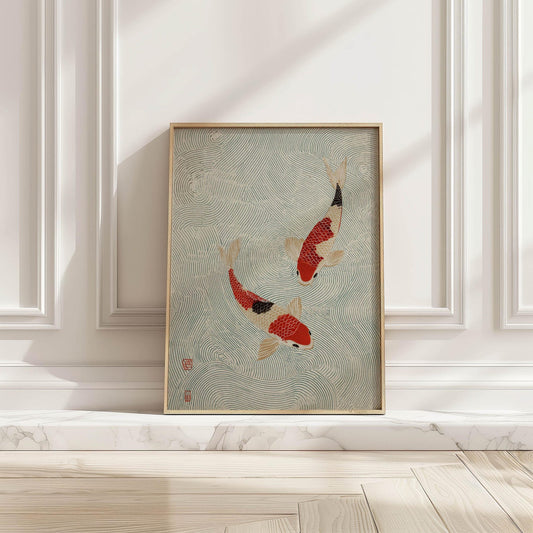 Red and Cream Koi in Water Japanese Art Print Minimalist Wabi Sabi Inspired Poster