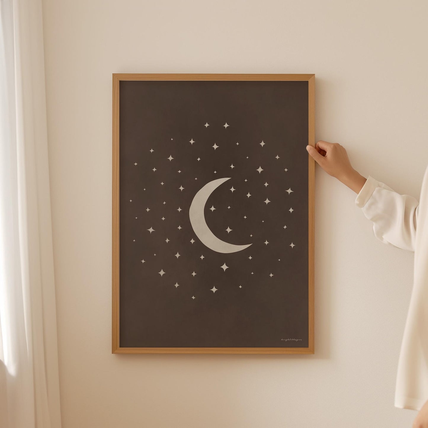 Moon and Stars Wall Art – Bohemian Boho Poster in Neutral Brown for Nursery or Bedroom