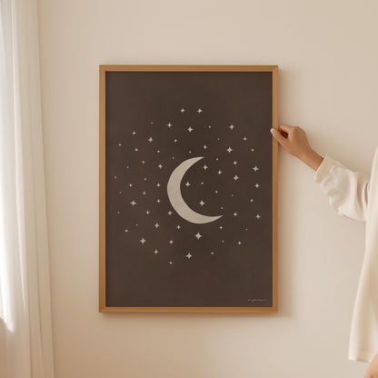 Moon and Stars Wall Art – Bohemian Boho Poster in Neutral Brown for Nursery or Bedroom