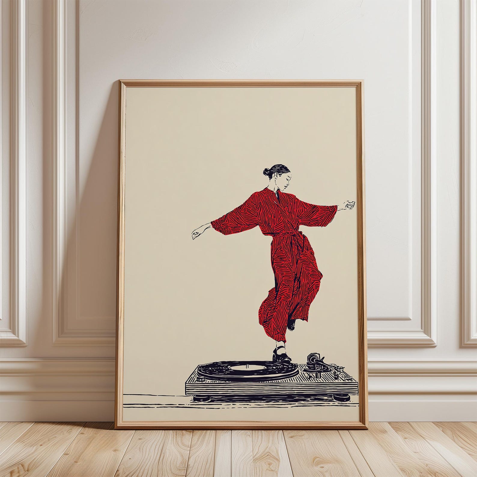Red Dancer Illustration Poster | Vinyl Turntable Music Art | Minimal Line Figure Print