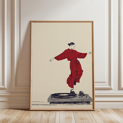 Red Dancer Illustration Poster | Vinyl Turntable Music Art | Minimal Line Figure Print