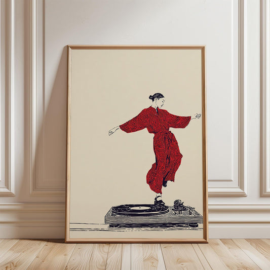 Red Dancer Illustration Poster | Vinyl Turntable Music Art | Minimal Line Figure Print