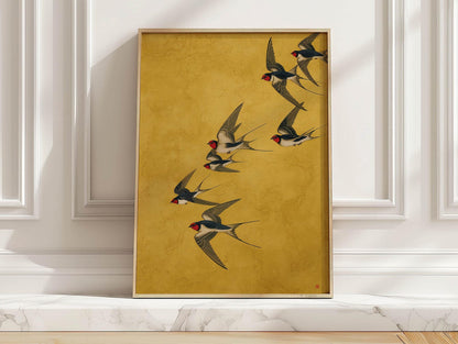 Minimal Swallow Flock Art Print Modern Japanese Flying Birds Poster Mustard Yellow Japandi Wall Art