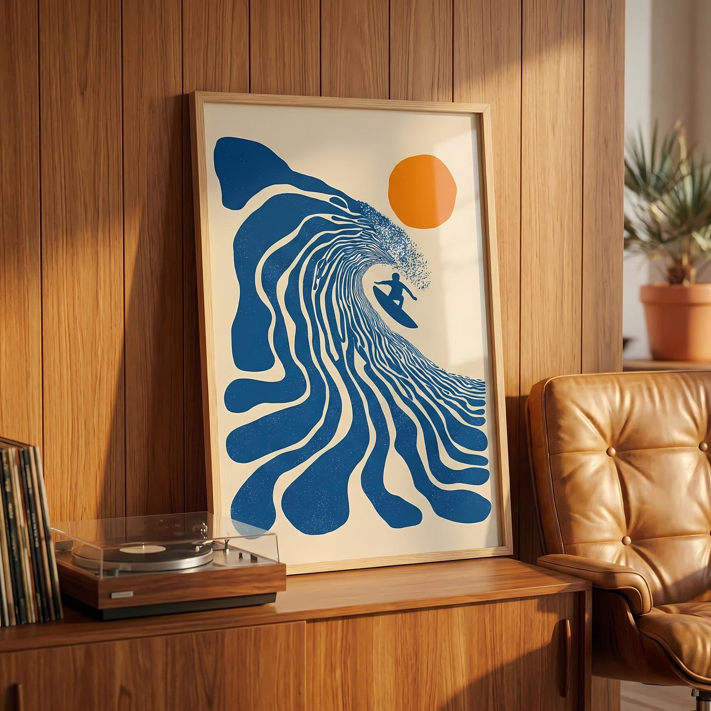 Retro Surfer Art Print | Abstract Wave Wall Art | Coastal Beach Decor | Minimalist Surf Poster | Blue Ocean Wave Print Unframed