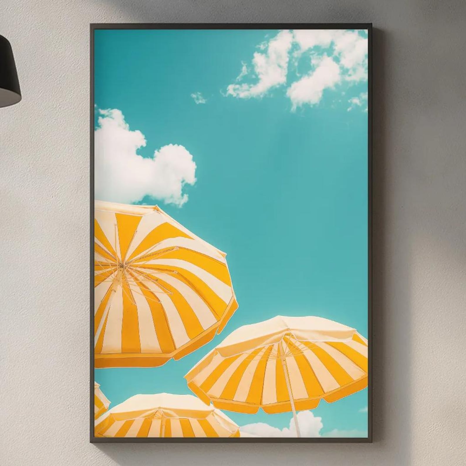 Yellow Beach Umbrella Wall Art Print, Minimal Coastal Poster, Retro Summer Photography, Pastel Sky Decor, Vacation Home Wall Art