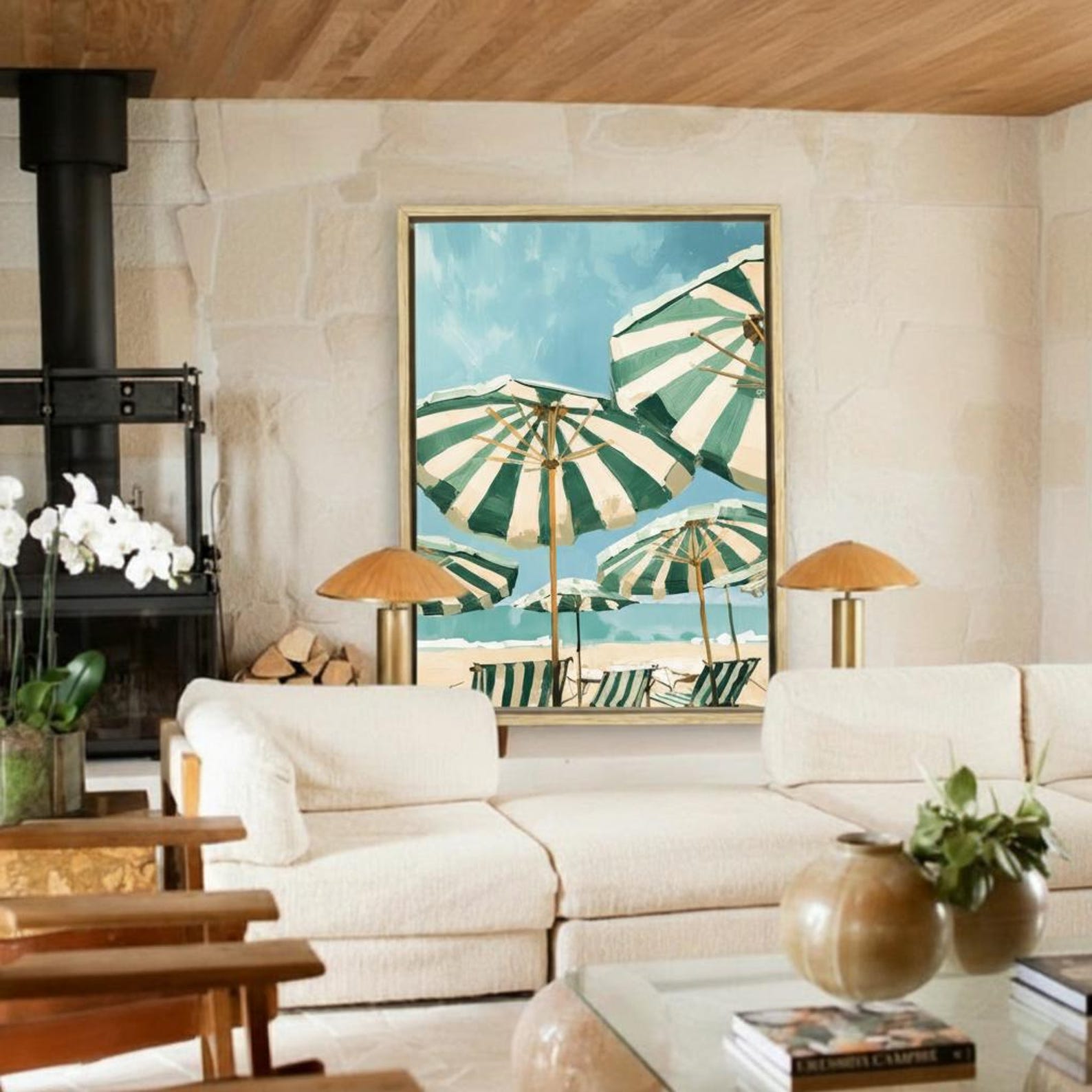 Coastal Sage Green Beach Umbrellas Canvas Art | Beach House Statement Piece