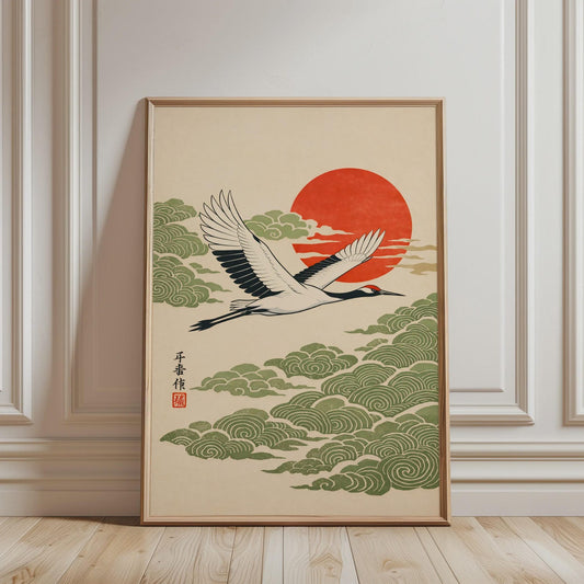Japanese Wall Art - Flying Crane Print, Red Sun & Green Clouds Woodblock Print, Minimalist Asian Art, Poster for Japandi Home Decor