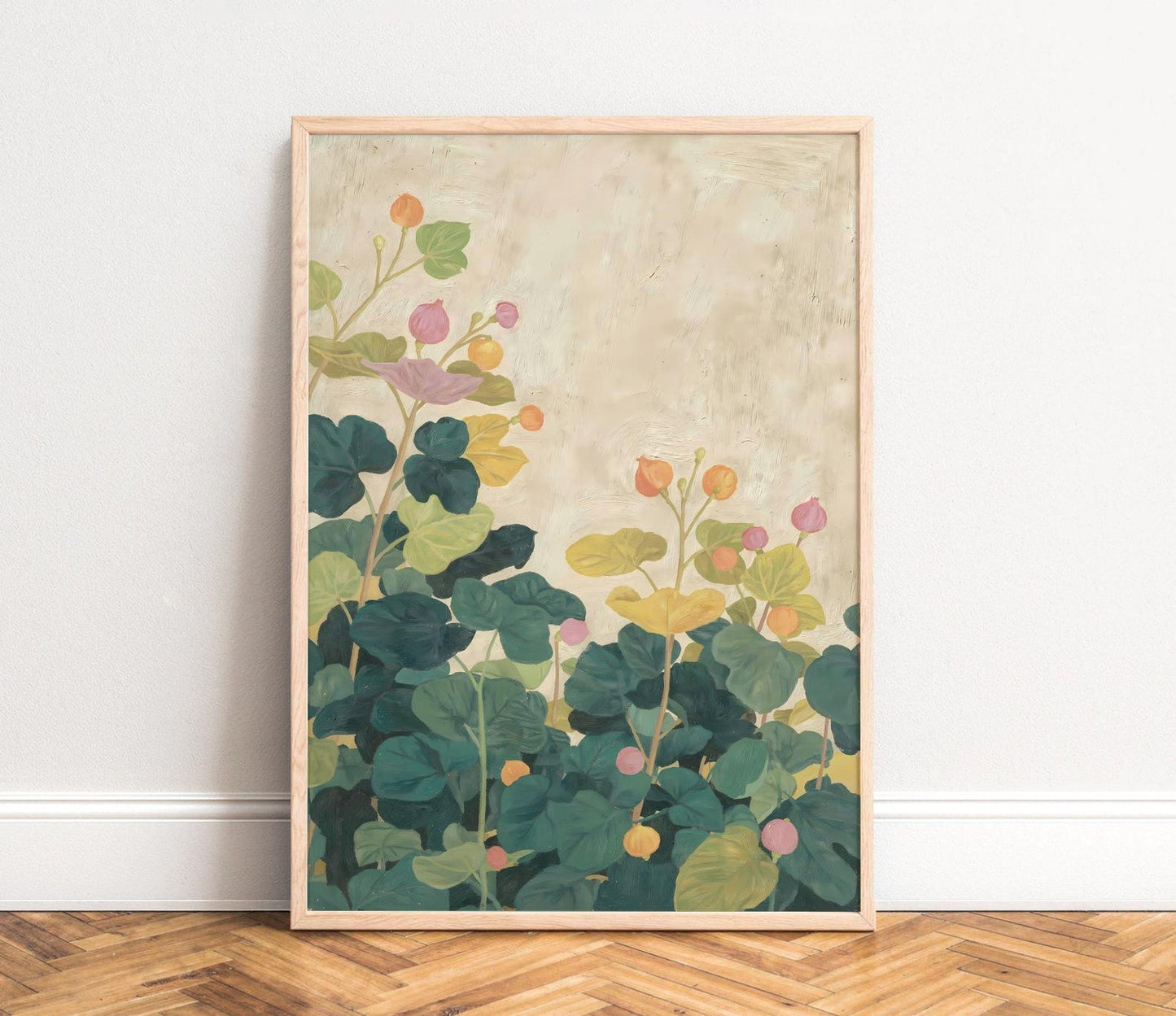 Floral poster, painterly botanical art, pastel teal leaves and round blooms, calm vintage beige texture, Scandi-inspired wall print