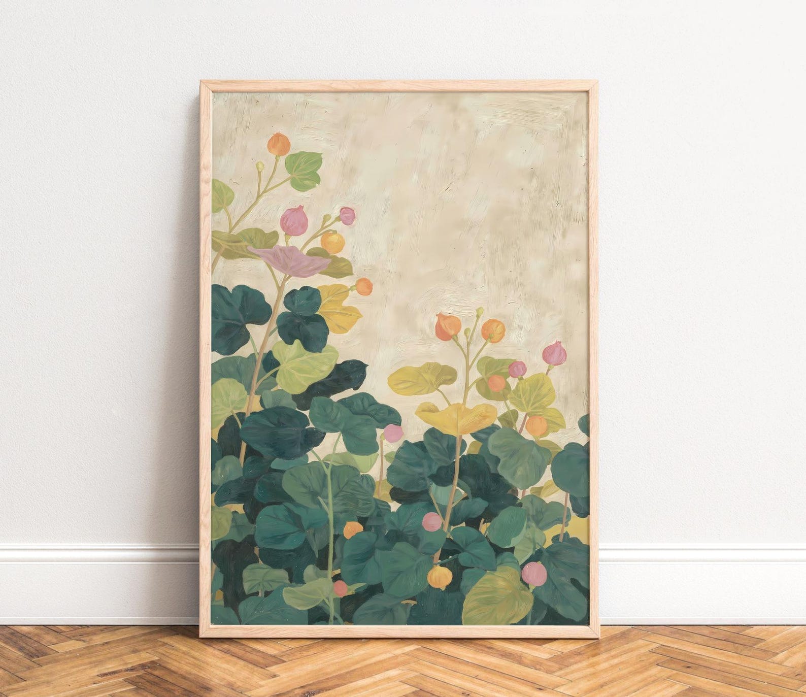 Floral poster, painterly botanical art, pastel teal leaves and round blooms, calm vintage beige texture, Scandi-inspired wall print