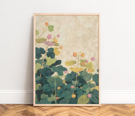 Floral poster, painterly botanical art, pastel teal leaves and round blooms, calm vintage beige texture, Scandi-inspired wall print