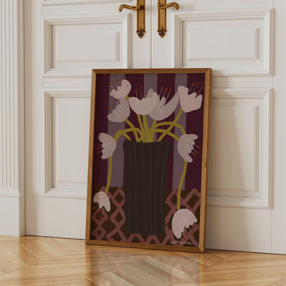Scandi Vase Print: Botanical Wall Art, Scandinavian Wall Art for Living Room, Purple Floral Poster, Hand Drawn Flowers Illustration,