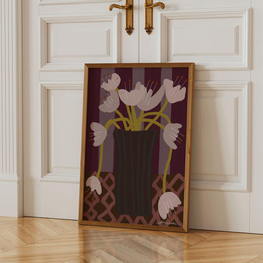 Scandi Vase Print: Botanical Wall Art, Scandinavian Wall Art for Living Room, Purple Floral Poster, Hand Drawn Flowers Illustration,