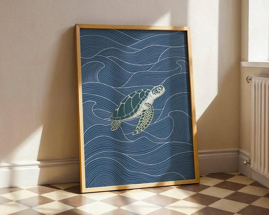 Sea Turtle Wall Art Print, Ocean Waves Minimalist Poster, Coastal Decor, Nautical Wall Art, Beach House Satin Print, Marine Life Art