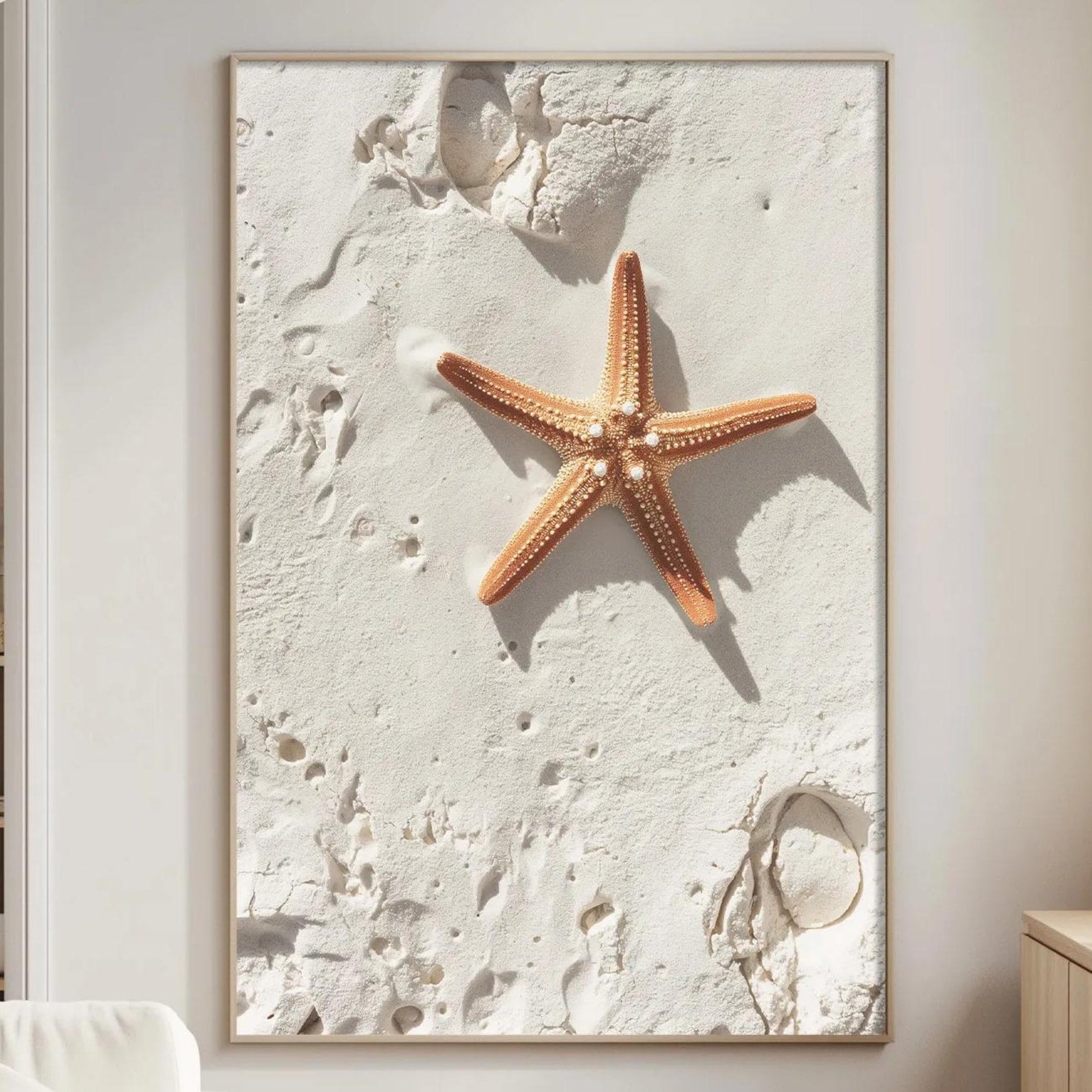Minimalist Starfish Wall Art Print, Coastal Beach Sand Poster, Neutral Ocean Decor, Modern Beach House Bathroom Artwork