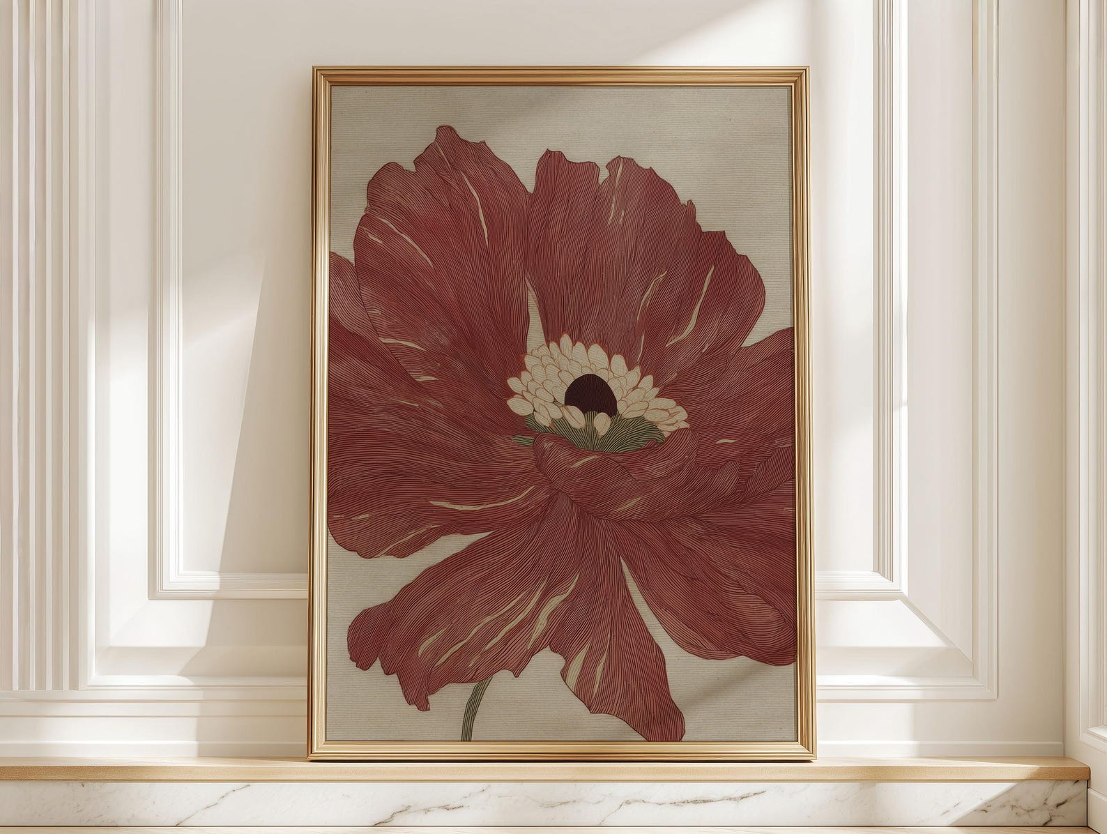 Warm Red Romantic Poppy Flower Art Print, Minima Art Nouveau Floral Poster, Boho Bedroom Botanical Wall Art