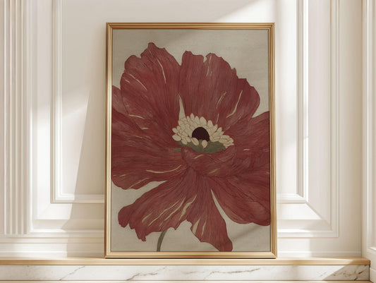 Warm Red Romantic Poppy Flower Art Print, Minima Art Nouveau Floral Poster, Boho Bedroom Botanical Wall Art