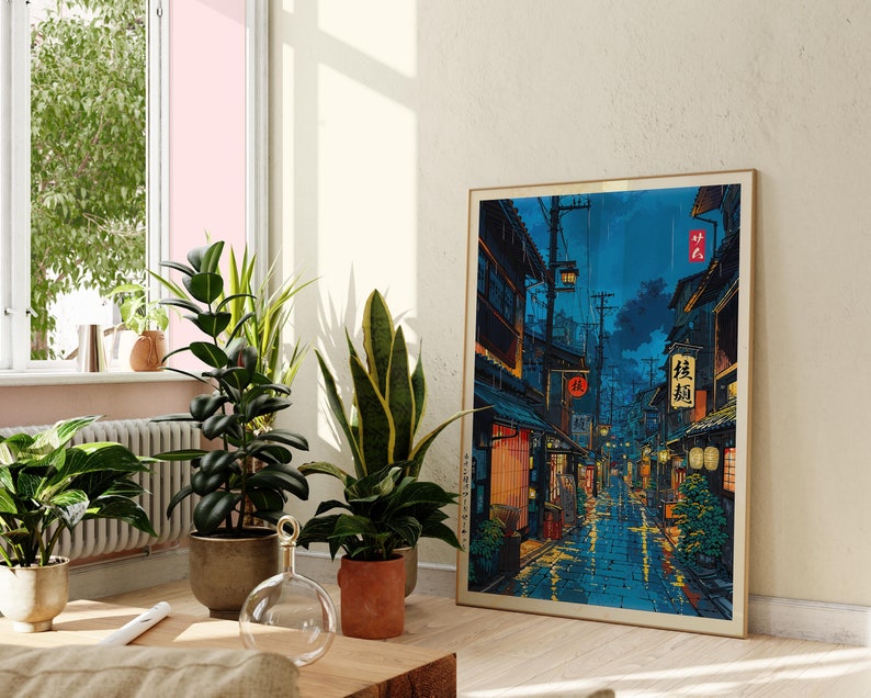 Tokyo Tea House Cartoon Japanese Illustration, Anime Style City Street Cafe Scene Wall Art Print, Modern Ukiyo-e Decor Poster