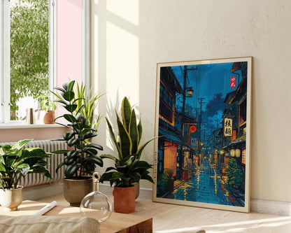 Tokyo Tea House Cartoon Japanese Illustration, Anime Style City Street Cafe Scene Wall Art Print, Modern Ukiyo-e Decor Poster