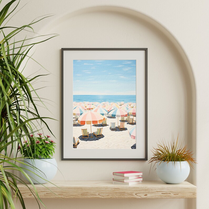 Beach Wall Art Print: Retro Umbrellas - Minimalist Coastal Decor