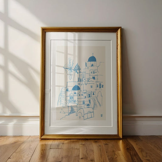 Santorini Greece Art Print: Minimalist Line Art, Greek Island Decor