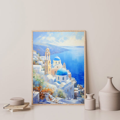 Santorini Coastal Painting: Retro Greece Summer Wall Art