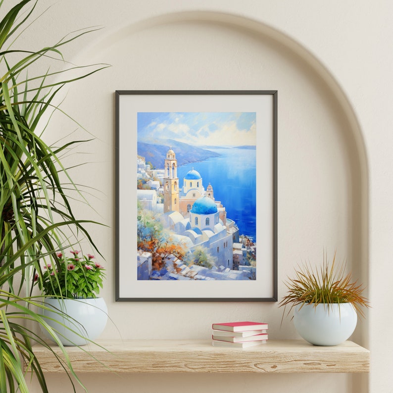 Santorini Coastal Painting: Retro Greece Summer Wall Art