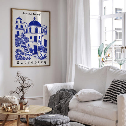 Santorini Greece Art Print: Blue & White Island Travel Poster