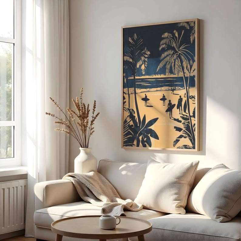 Vintage Surfing Print: Tropical Palm Beach Coastal Art
