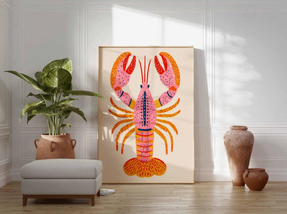 Colorful Lobster Poster – Bold Nautical Wall Art Print, Retro Coastal Kitchen Decor, Bright Crustacean Illustration for Beach or Home