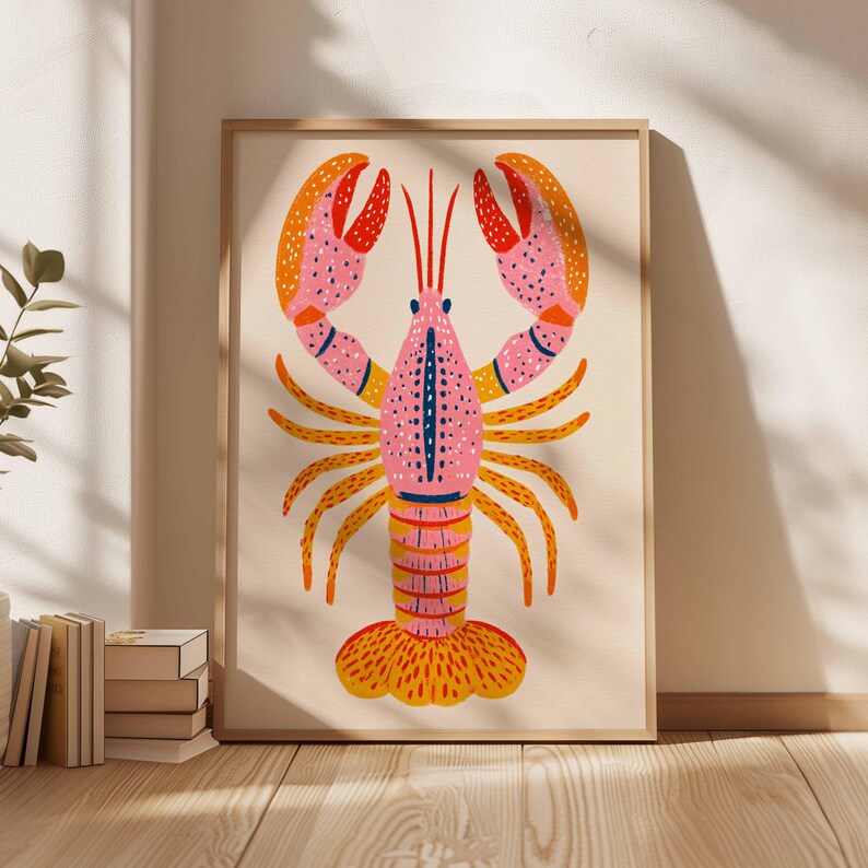 Colorful Lobster Poster – Bold Nautical Wall Art Print, Retro Coastal Kitchen Decor, Bright Crustacean Illustration for Beach or Home