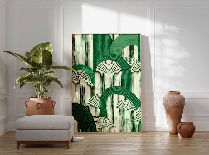 Green Japanese Wave Poster, Vintage Botanical Wall Art