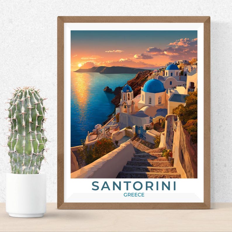 Santorini Travel Art Greece Poster Print Wall Decor Art Gift Vintage Style Travel Poster Greece Art Scenic Poster Print Art Gift for Tourist