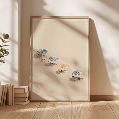 Minimalist Beach Poster Print, Coastal Umbrella Wall Art, Summer Seaside Illustration, Modern Ocean Decor, Relaxing Beach Scene Artwork