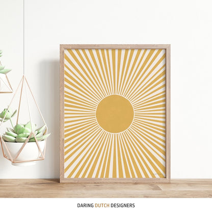 Mustard Yellow Sun Poster – Boho Mid-Century Modern Wall Art Print, Happy Sunrise, Colorful Wall Decor for Living Room & Bedroom