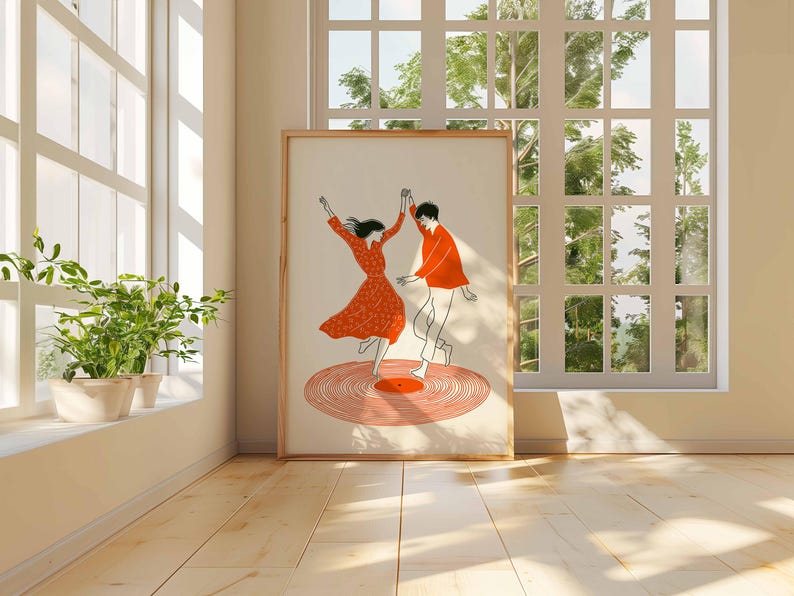 Dancing Couple Wall Art Print, Retro Record Player Poster, Modern Music Inspired Illustration for Home Bar or Living Room