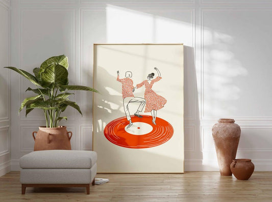 Dancing Couple Wall Art Print, Retro Record Player Poster, Modern Music Inspired Illustration for Home Bar or Living Room