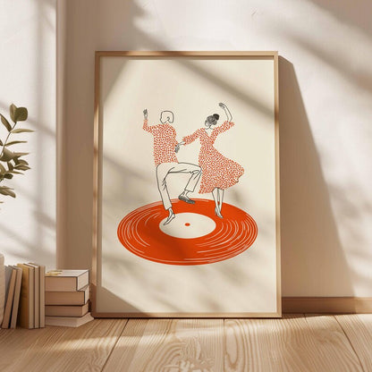 Dancing Couple Wall Art Print, Retro Record Player Poster, Modern Music Inspired Illustration for Home Bar or Living Room