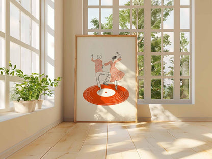 Dancing Couple Wall Art Print, Retro Record Player Poster, Modern Music Inspired Illustration for Home Bar or Living Room