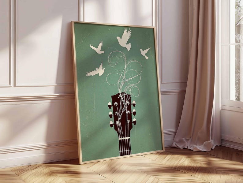 Music Wall Art, Guitar Poster with Birds, Boho Music Room Decor, Indie Music Artwork, Modern Guitar Print, Music Lover Gift