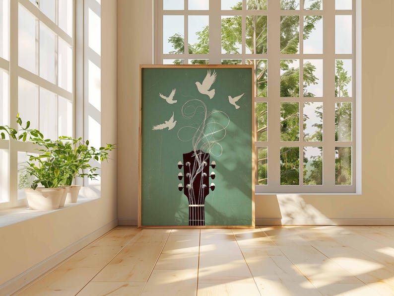 Music Wall Art, Guitar Poster with Birds, Boho Music Room Decor, Indie Music Artwork, Modern Guitar Print, Music Lover Gift