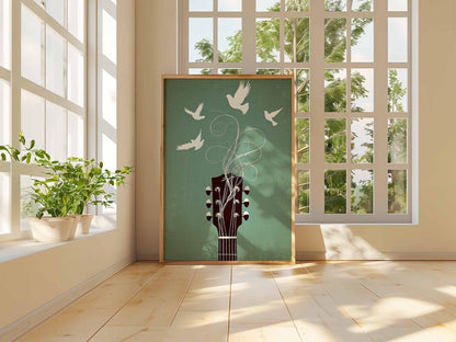Music Wall Art, Guitar Poster with Birds, Boho Music Room Decor, Indie Music Artwork, Modern Guitar Print, Music Lover Gift