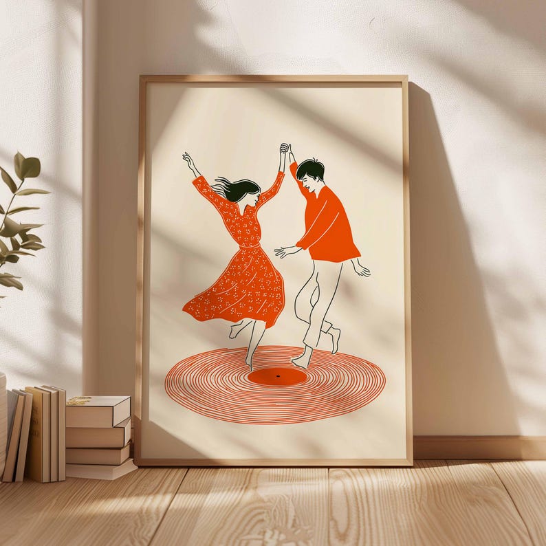 Dancing Couple Wall Art Print, Retro Record Player Poster, Modern Music Inspired Illustration for Home Bar or Living Room
